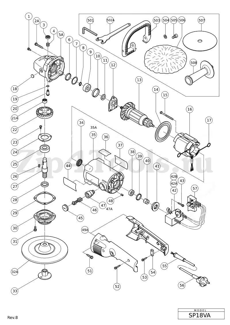 Деталировка (взрыв-схема) шлифовальной машины HiKOKI (Хикоки, Хайкоки) SP  18VA в интернет-магазине Zip4Tools.ru
