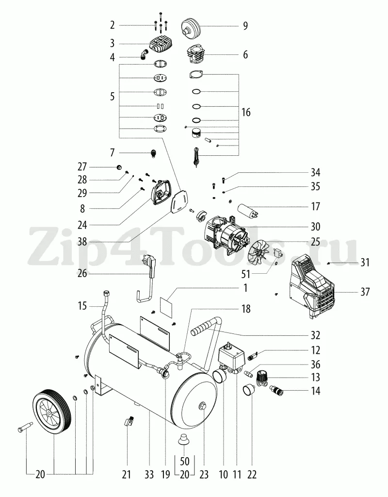 Деталировка (взрыв-схема) компрессора METABO (Метабо) Basic 250-50 W  (01534000) в интернет-магазине Zip4Tools.ru