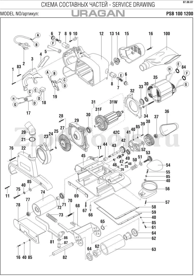Деталировка (взрыв-схема) ленточной шлифовальной машины URAGAN (Ураган) PSB  100 1200 в интернет-магазине Zip4Tools.ru