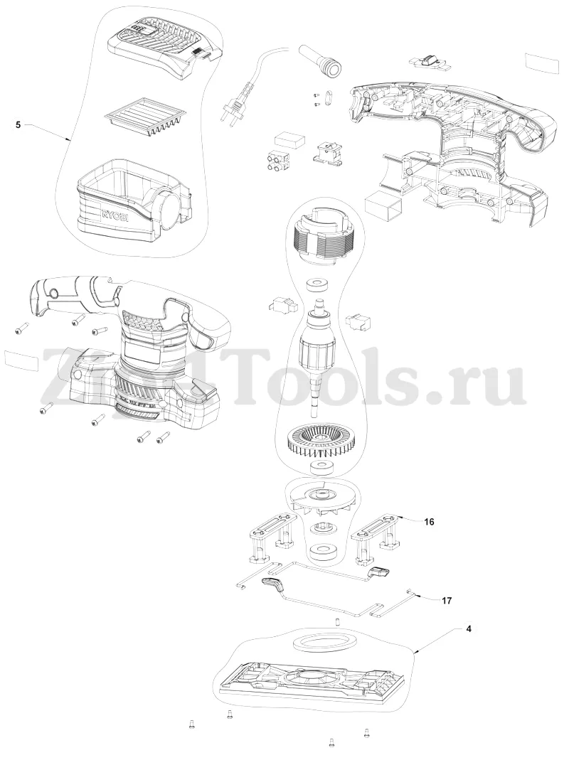 Деталировка (взрыв-схема) вибрационной шлифовальной машины RYOBI (Риоби,  Райоби) RSS280-S (Code 4624-03) 5133003503 в интернет-магазине Zip4Tools.ru